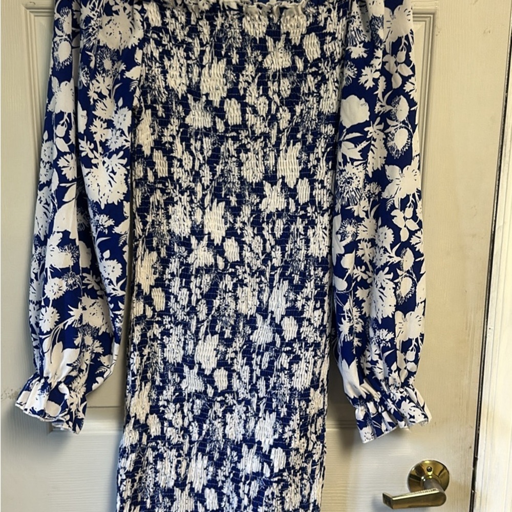 Blue and White Sheath Dress with Bishop Sleeves